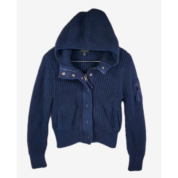 BANANA REPUBLIC Varo Ribbed Zip Crop Hooded Sweater Bomber XS Navy #509216-01 - Picture 4 of 13